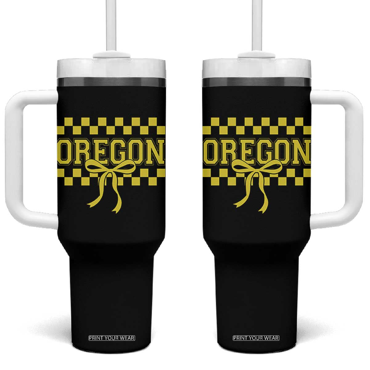 Oregon Sports Coquette Bow Checkered Design Game Day Tumbler With Handle
