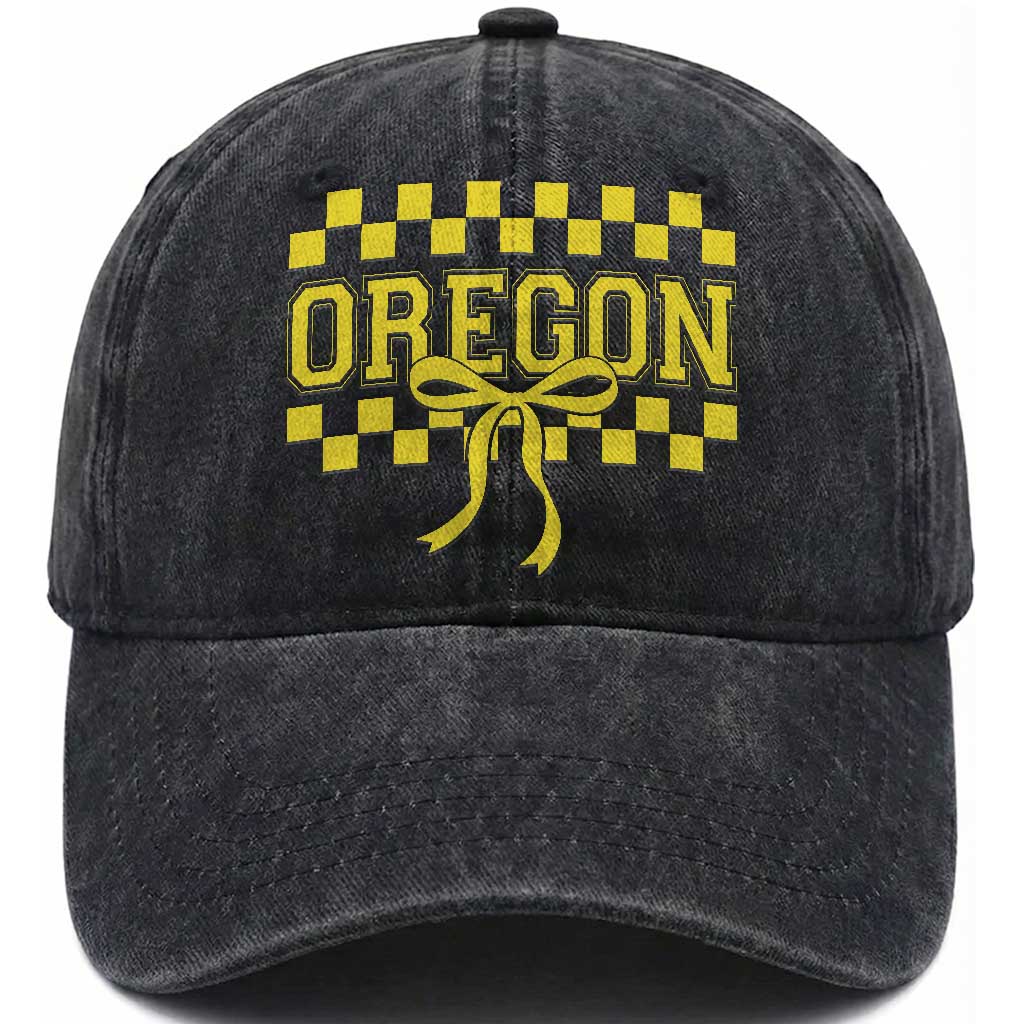 Oregon Sports Coquette Bow Checkered Design Game Day Washed Cotton Baseball Cap