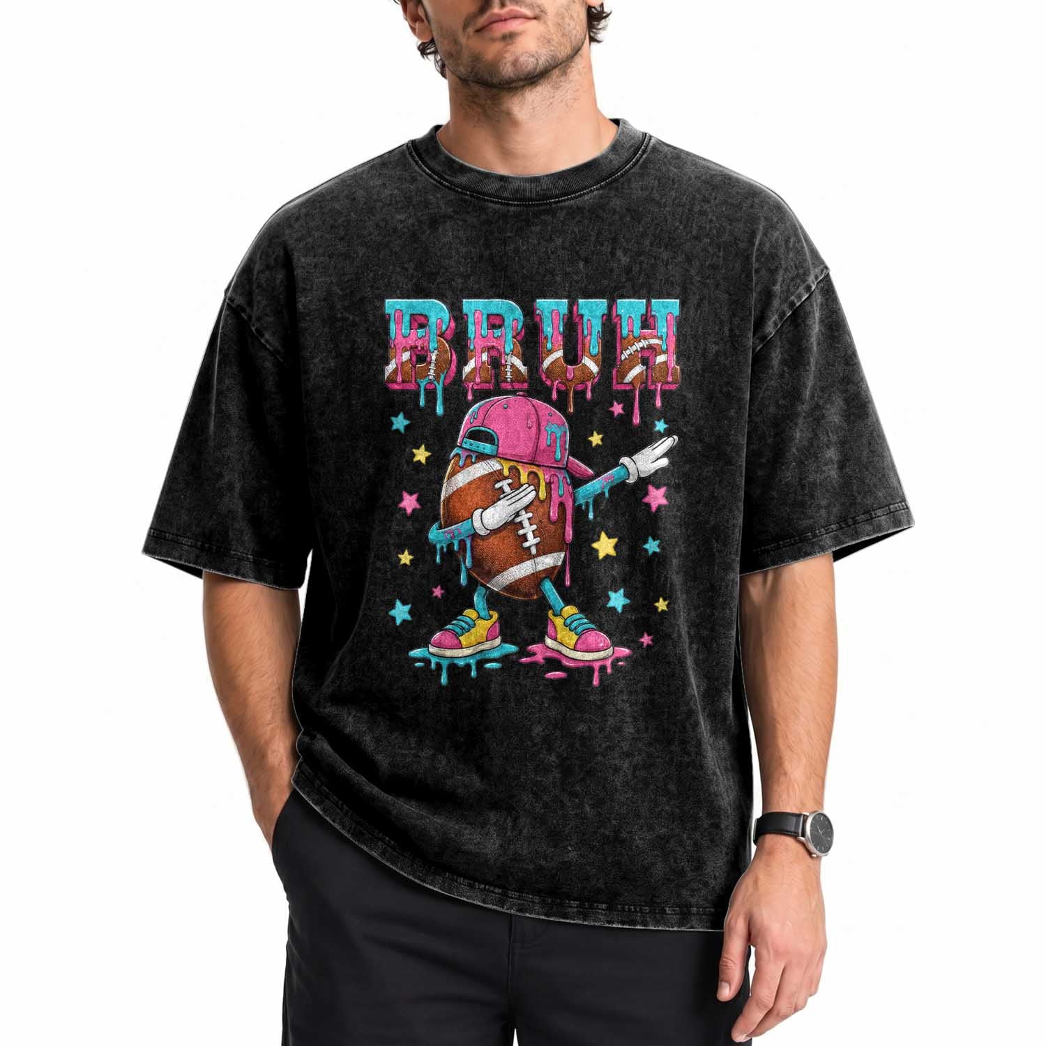 Funny Bruh Football Ice Cream Drip Washed Cotton T-Shirt Game Day Dripping