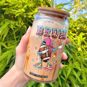 Funny Bruh Football Ice Cream Drip Glass Can Game Day Dripping