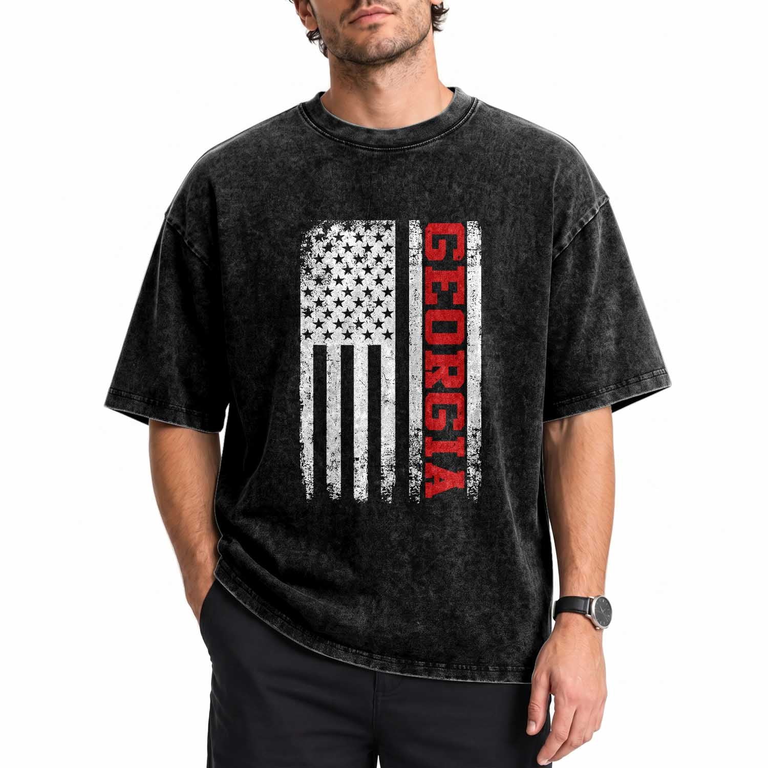 Vintage Georgia American Flag Washed Cotton T-Shirt Distressed Varsity Aesthetic Letters GA State