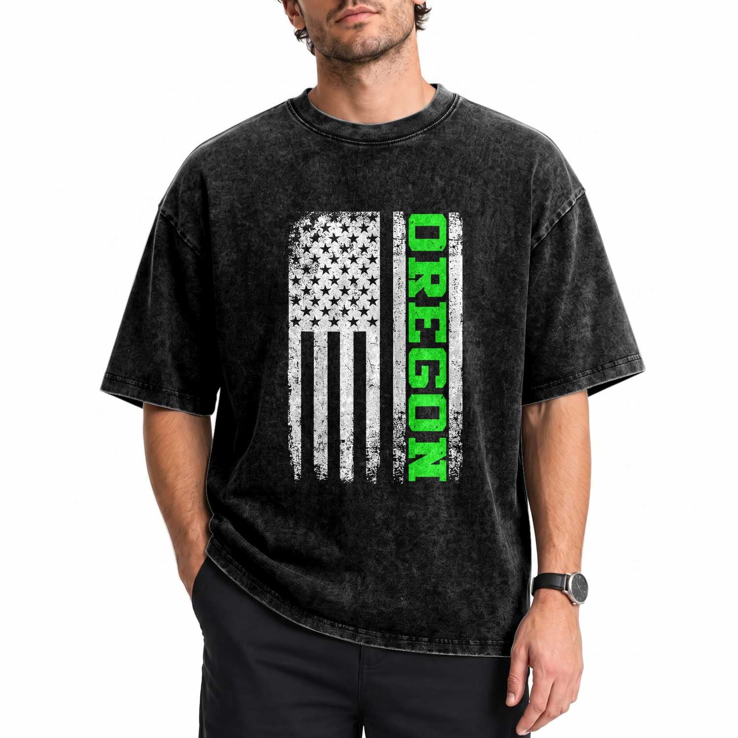 Vintage Oregon American Flag Washed Cotton T-Shirt Distressed Varsity Aesthetic Letters OR State