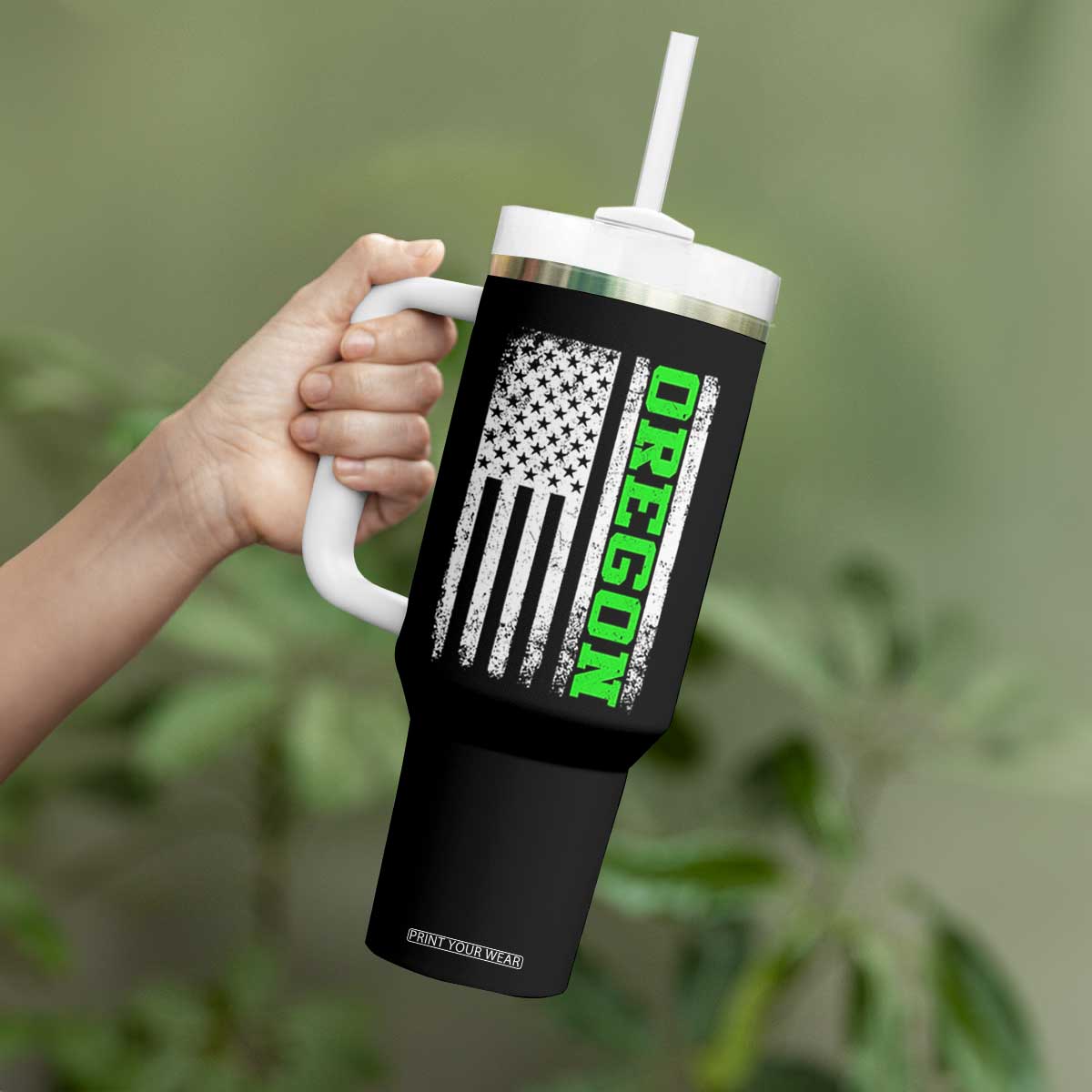 Vintage Oregon American Flag Tumbler With Handle Distressed Varsity Aesthetic Letters OR State