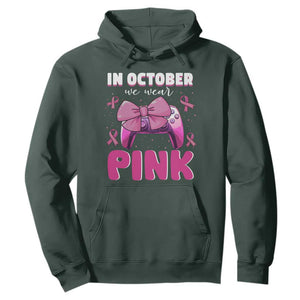 In October We Wear Pink Hoodie Breast Cancer Awareness Game Console Pink Bow TS11 Dark Forest Green Print Your Wear