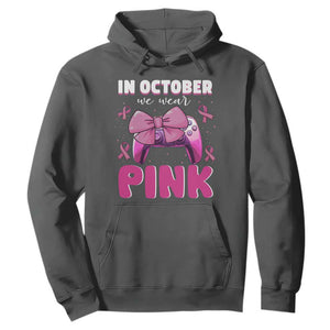 In October We Wear Pink Hoodie Breast Cancer Awareness Game Console Pink Bow TS11 Dark Heather Print Your Wear