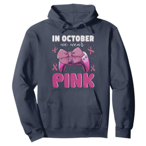 In October We Wear Pink Hoodie Breast Cancer Awareness Game Console Pink Bow TS11 Navy Print Your Wear