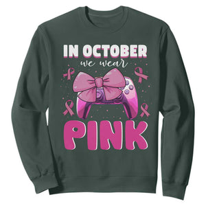 In October We Wear Pink Sweatshirt Breast Cancer Awareness Game Console Pink Bow TS11 Dark Forest Green Print Your Wear