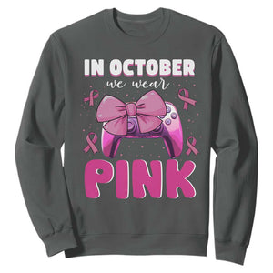 In October We Wear Pink Sweatshirt Breast Cancer Awareness Game Console Pink Bow TS11 Dark Heather Print Your Wear