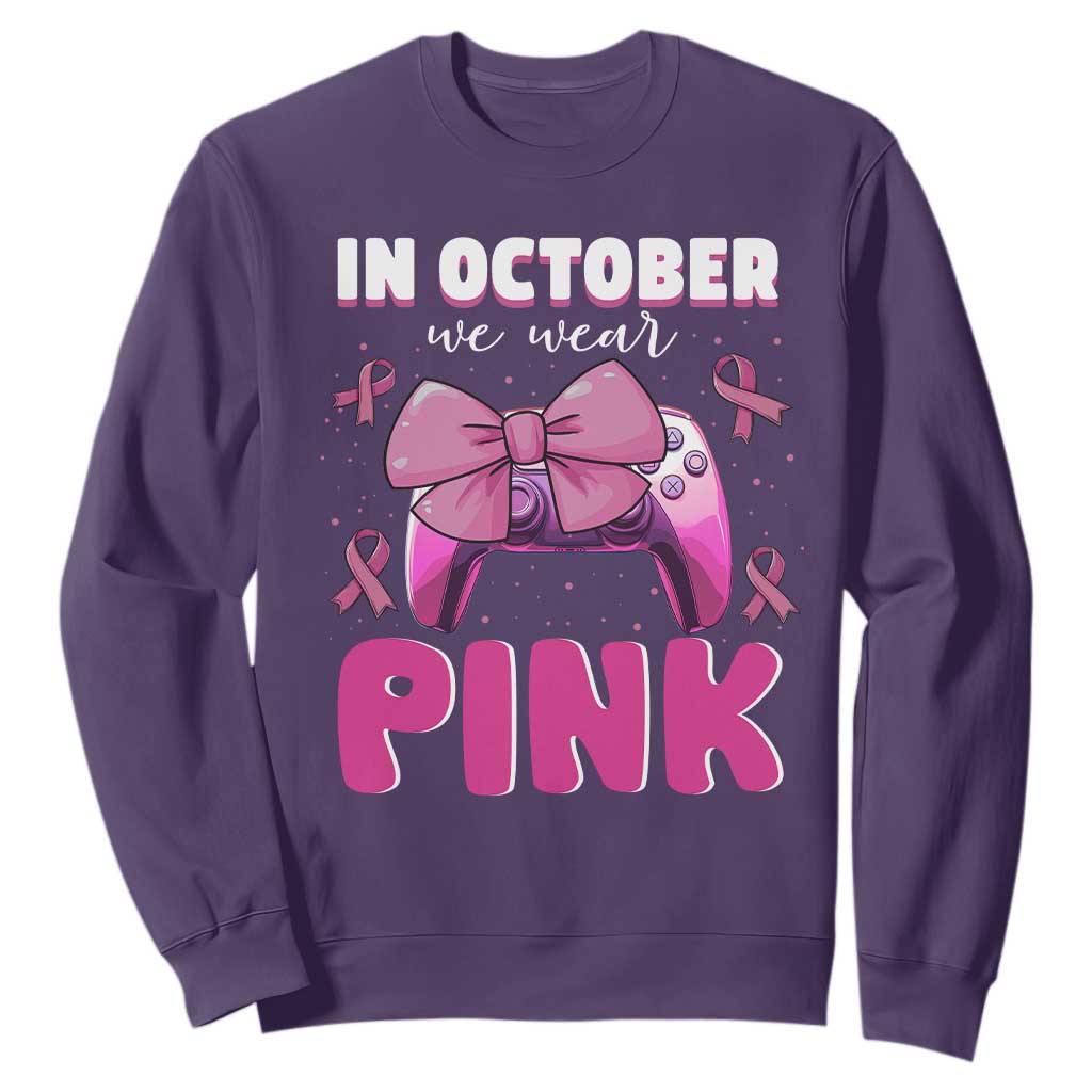 In October We Wear Pink Sweatshirt Breast Cancer Awareness Game Console Pink Bow TS11 Purple Print Your Wear