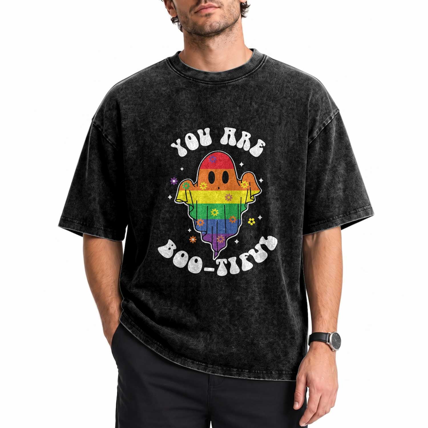 Halloween LGBT Washed Cotton T-Shirt You Are Boo Tiful Beautiful Rainbow Ghost