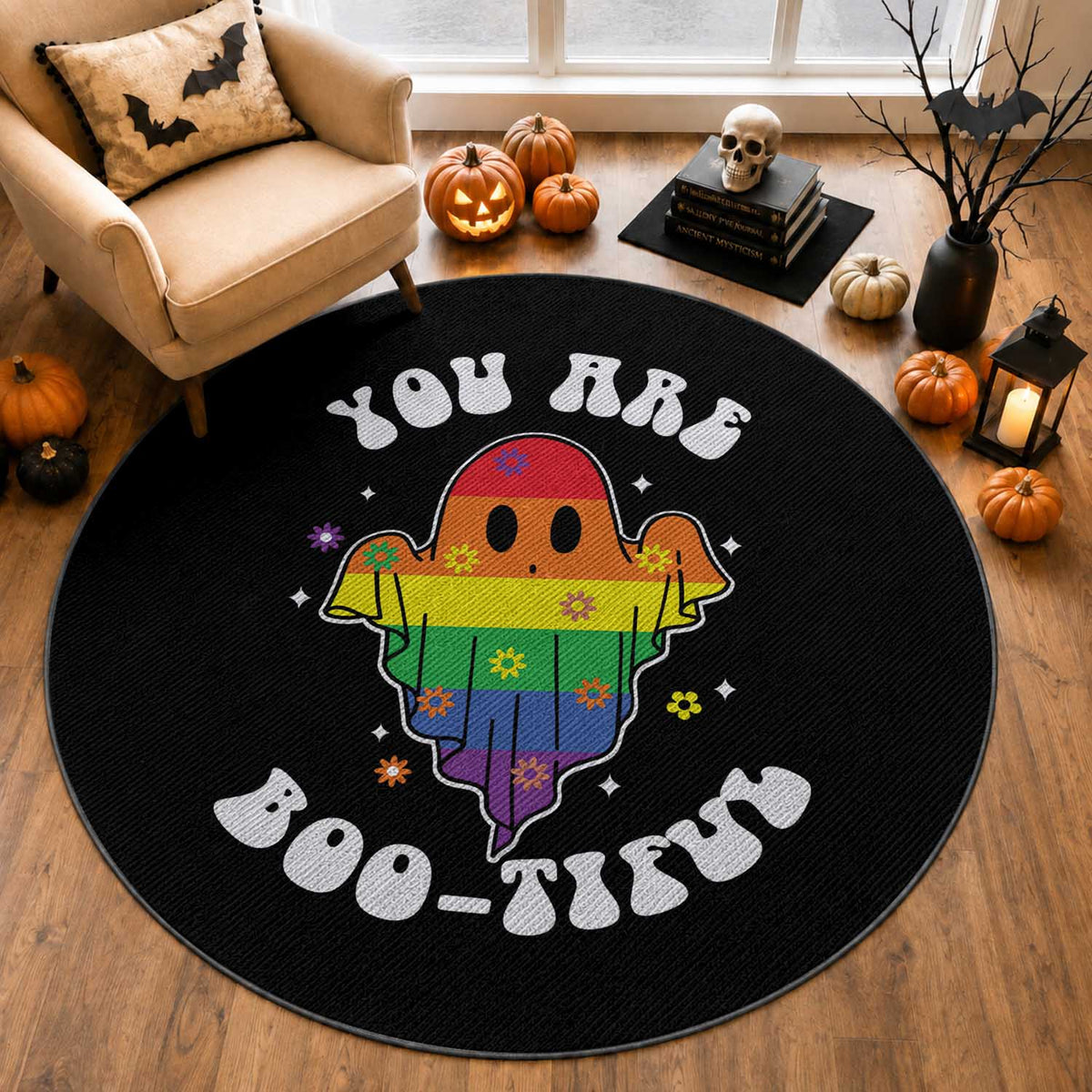 Halloween LGBT Round Rug You Are Boo Tiful Beautiful Rainbow Ghost
