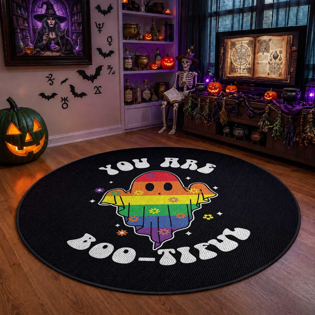 Halloween LGBT Round Rug You Are Boo Tiful Beautiful Rainbow Ghost