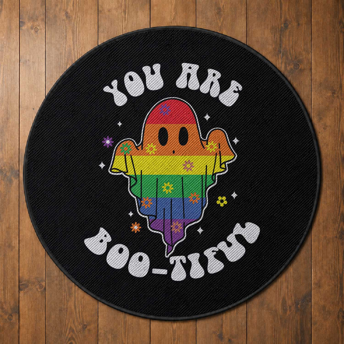 Halloween LGBT Round Rug You Are Boo Tiful Beautiful Rainbow Ghost