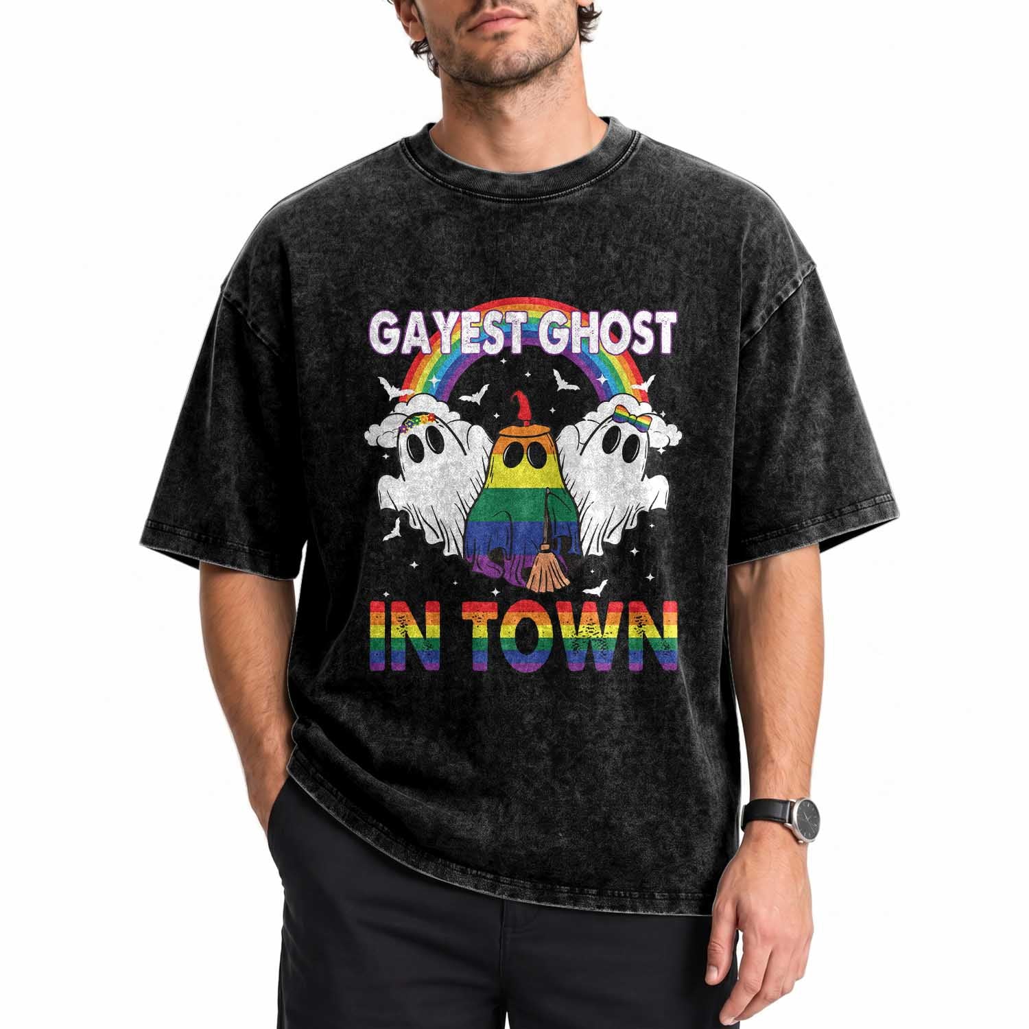 Funny Halloween LGBT Washed Cotton T-Shirt Gayest Ghost In Town Rainbow Flag