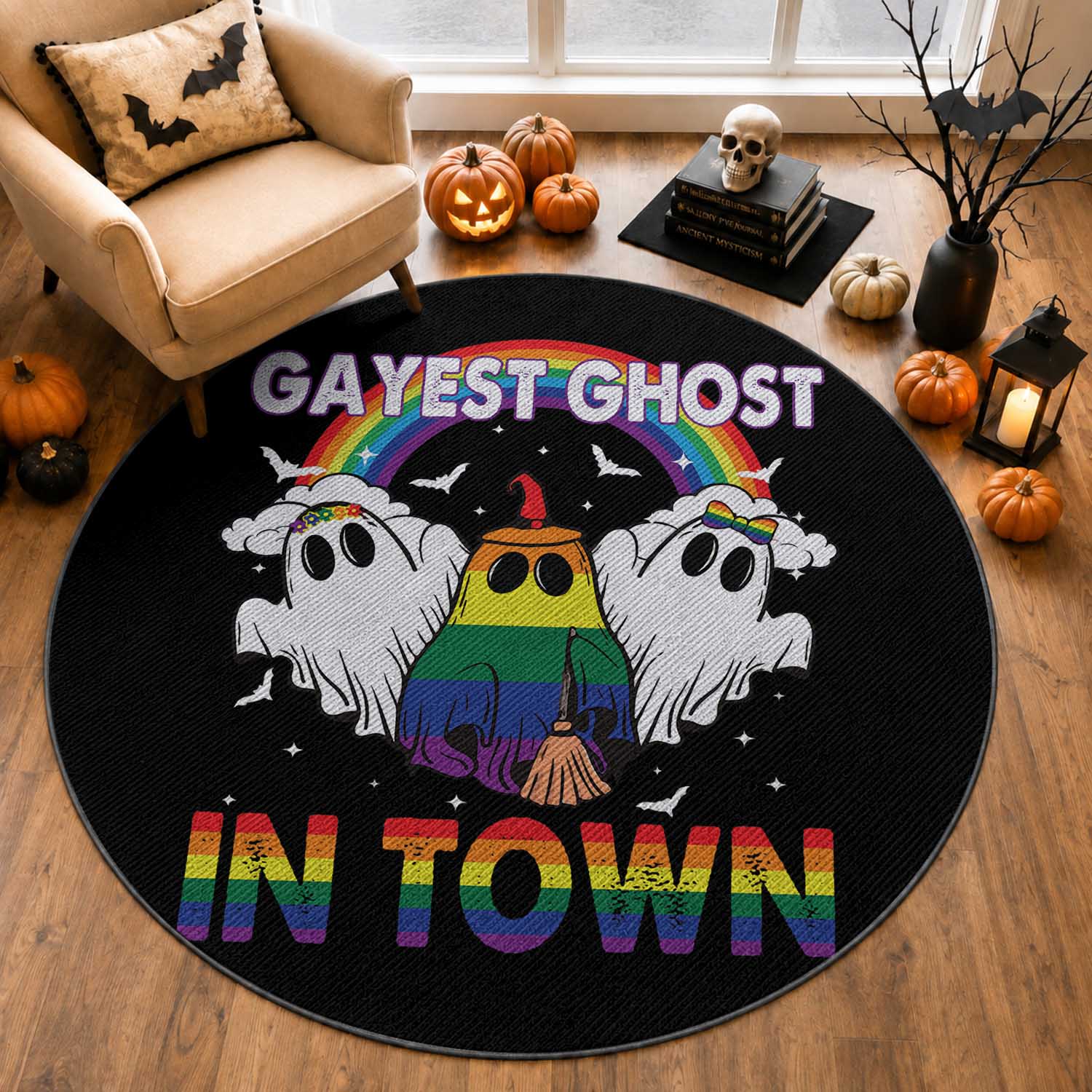Funny Halloween LGBT Round Rug Gayest Ghost In Town Rainbow Flag