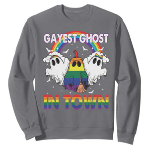 Funny Halloween LGBT Sweatshirt Gayest Ghost In Town Rainbow Flag TS11 Charcoal Print Your Wear