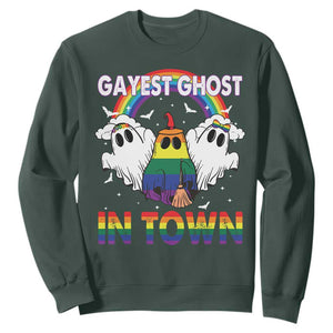 Funny Halloween LGBT Sweatshirt Gayest Ghost In Town Rainbow Flag TS11 Dark Forest Green Print Your Wear