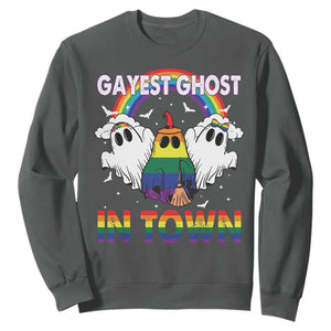 Funny Halloween LGBT Sweatshirt Gayest Ghost In Town Rainbow Flag TS11 Dark Heather Print Your Wear