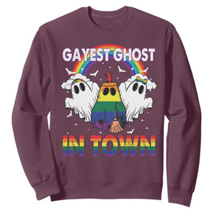 Funny Halloween LGBT Sweatshirt Gayest Ghost In Town Rainbow Flag TS11 Maroon Print Your Wear