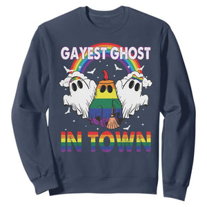 Funny Halloween LGBT Sweatshirt Gayest Ghost In Town Rainbow Flag TS11 Navy Print Your Wear