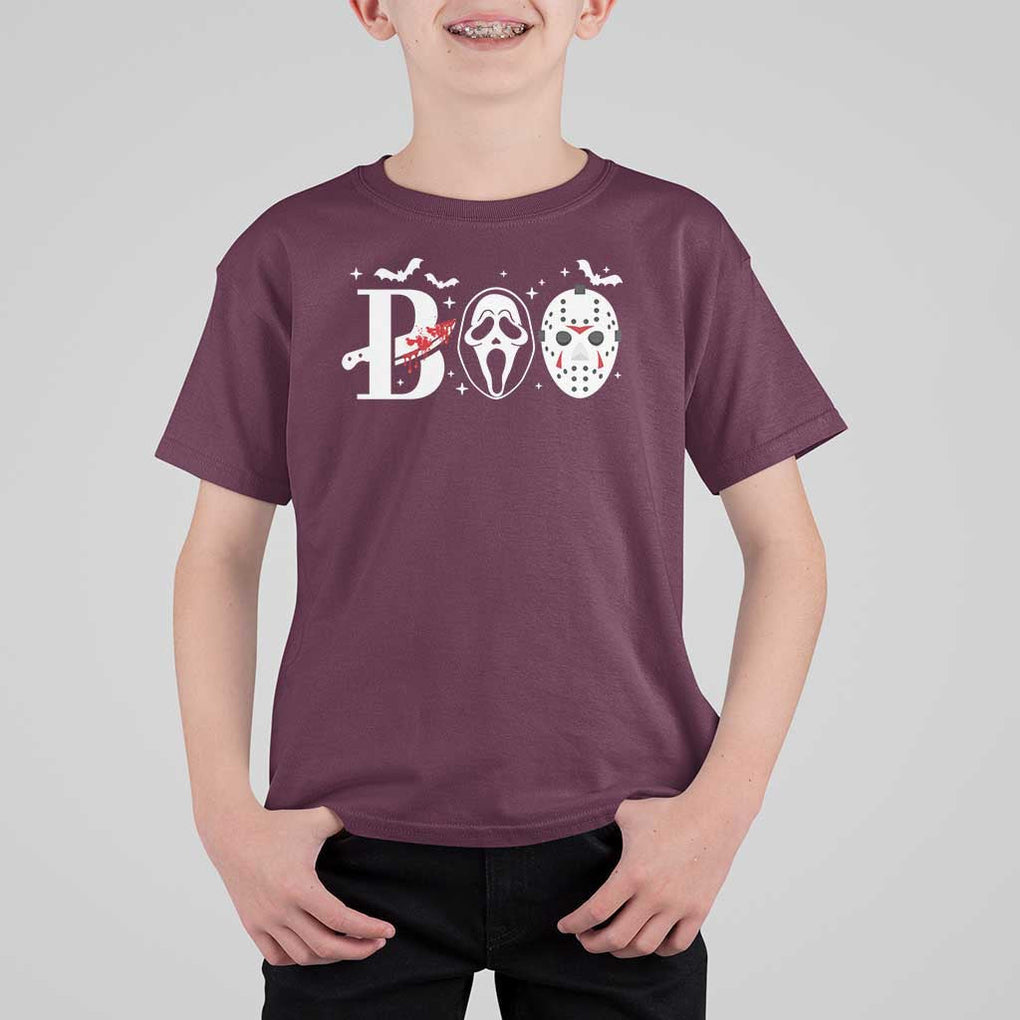Halloween T Shirt For Kid Boo Horror Murderer Masks Bat Spooky Season TS11 Maroon Print Your Wear