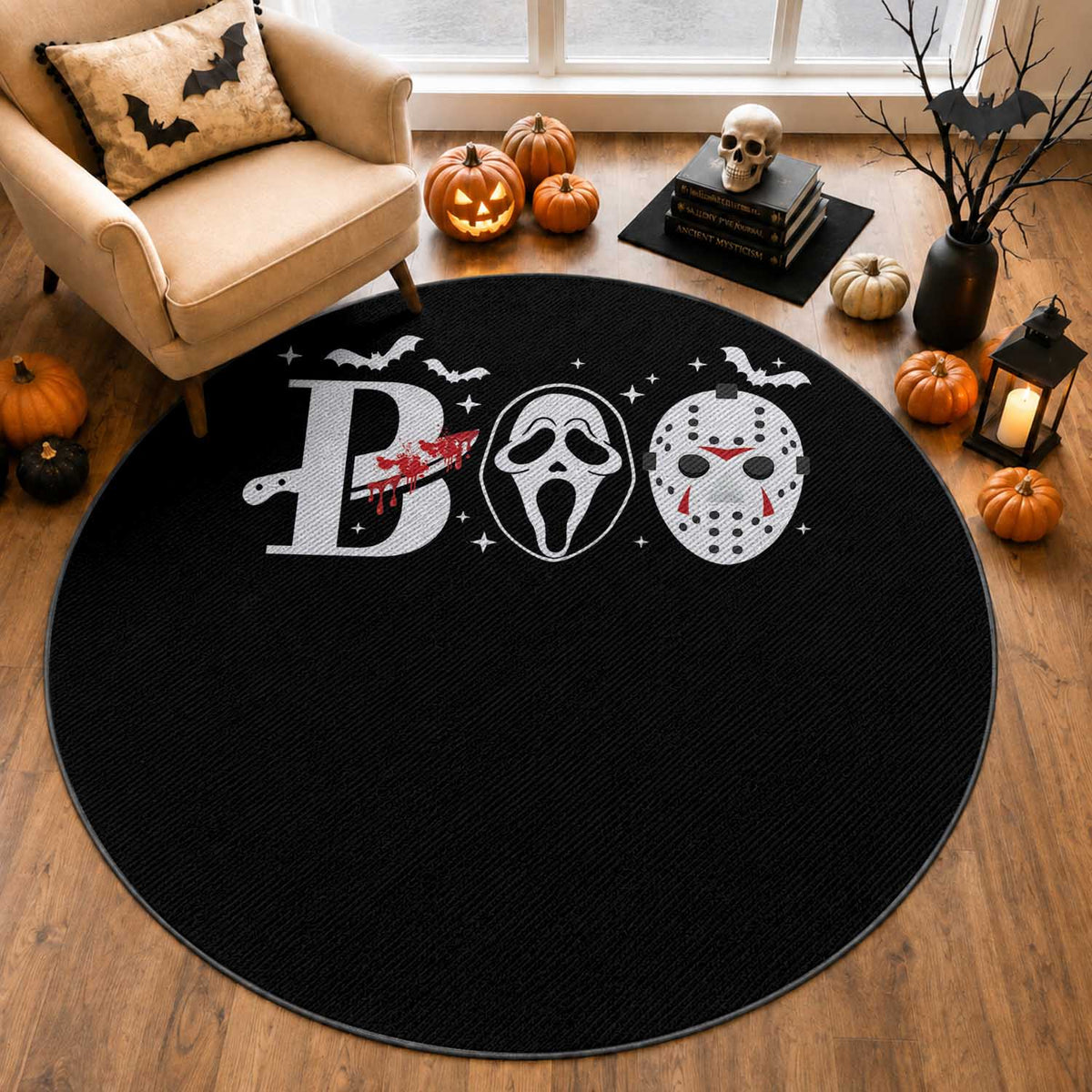 Halloween Round Rug Boo Horror Murderer Masks Bat Spooky Season
