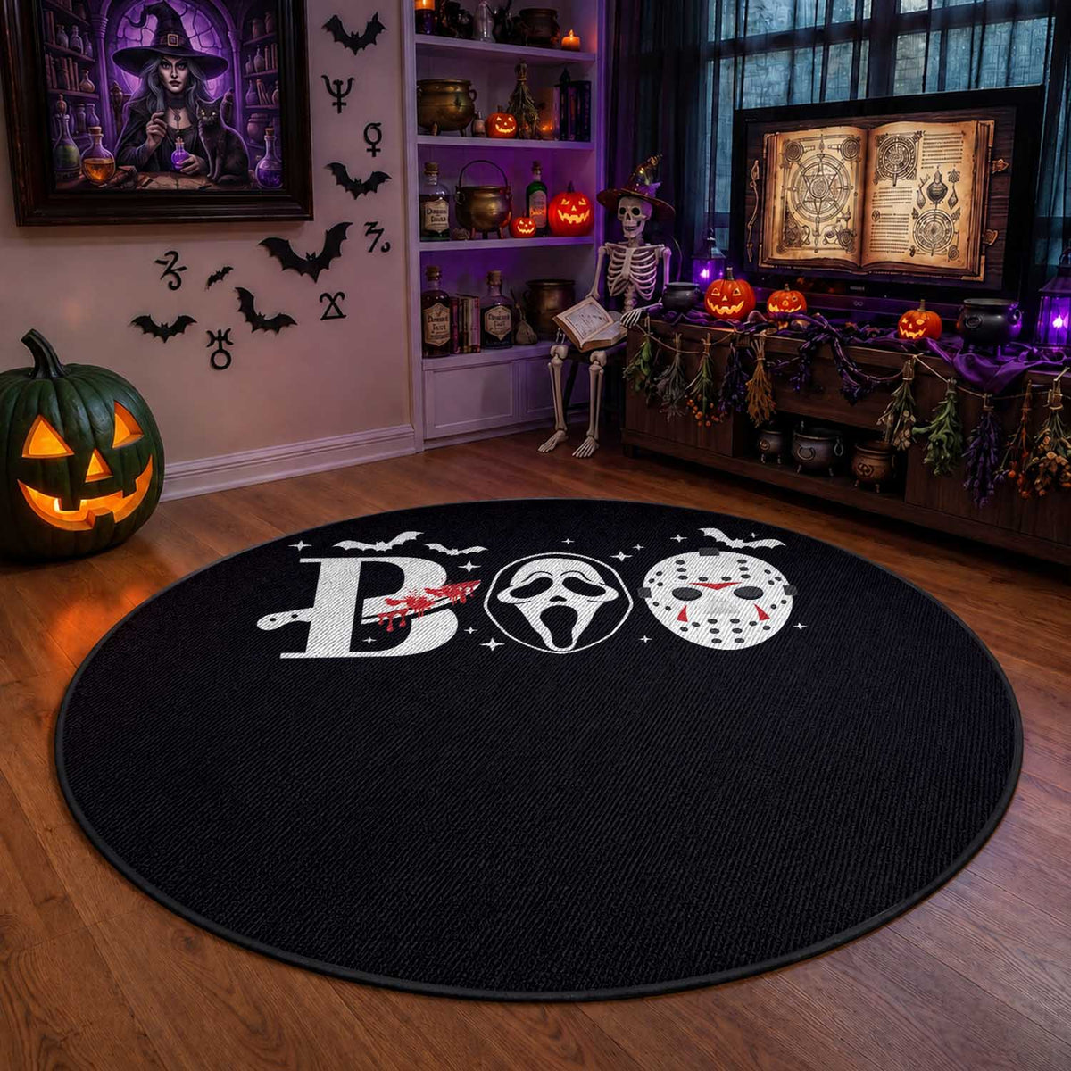 Halloween Round Rug Boo Horror Murderer Masks Bat Spooky Season