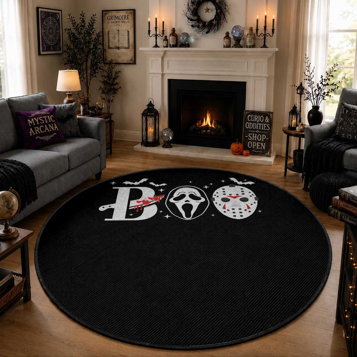 Halloween Round Rug Boo Horror Murderer Masks Bat Spooky Season