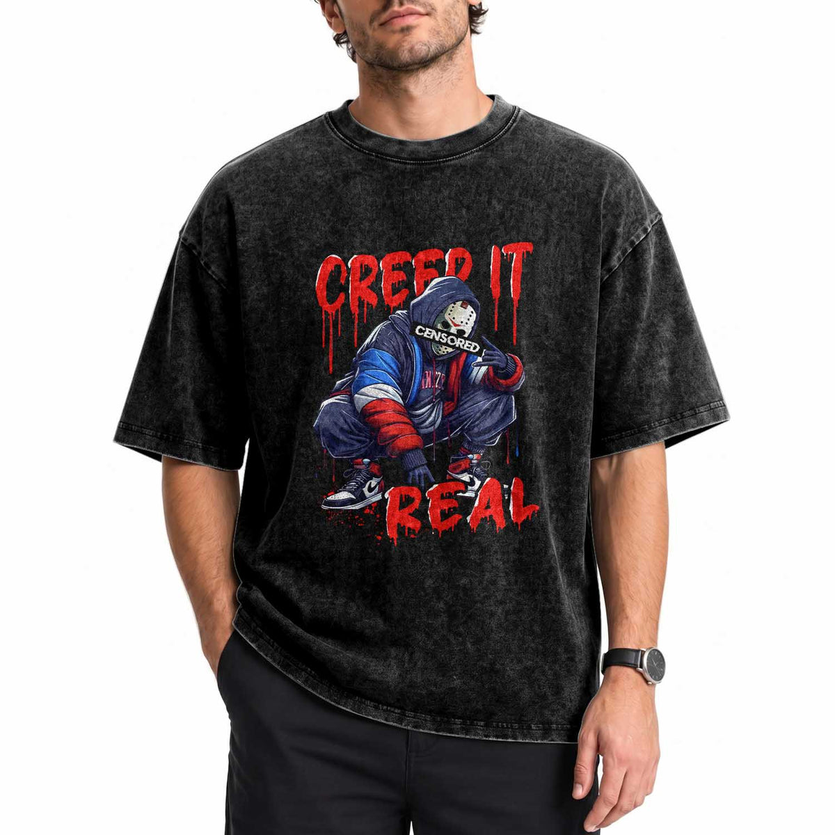 Halloween Washed Cotton T-Shirt Creep It Real Horror Murderer Spooky Season