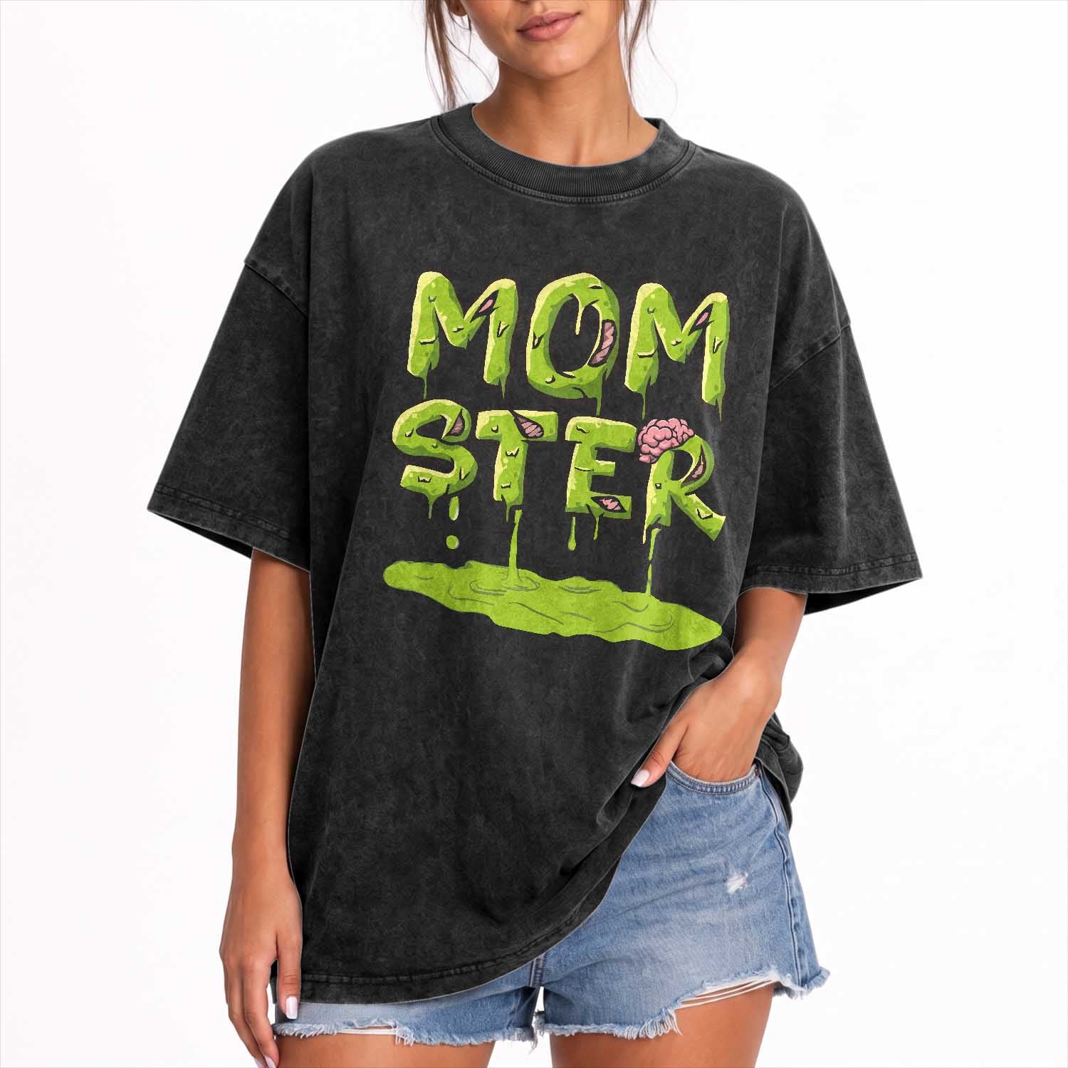 Funny Halloween Couple Washed Cotton T-Shirt Momster Monster Couple Matching