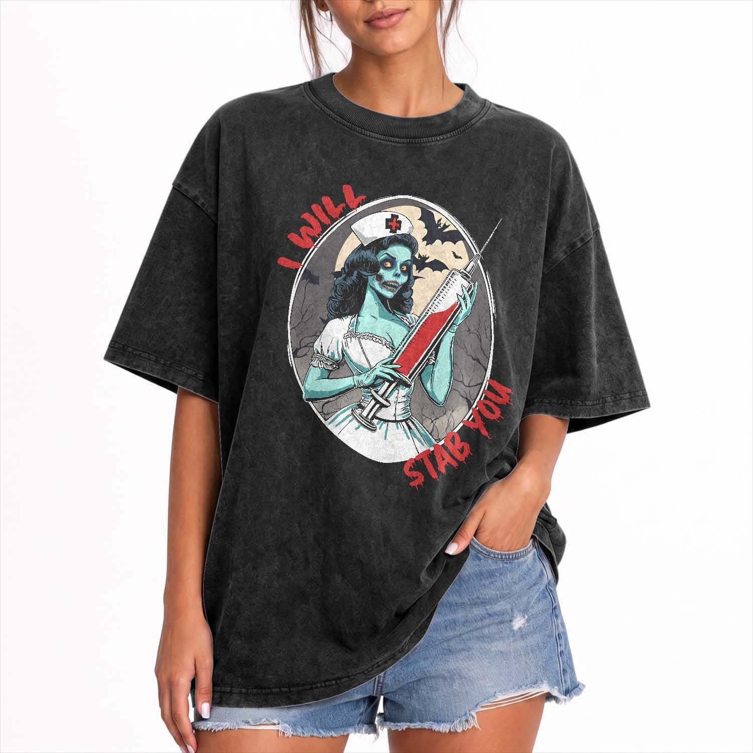 Funny Halloween Nurse Washed Cotton T-Shirt I Will Stab You Scary Zombie Needle Nurse