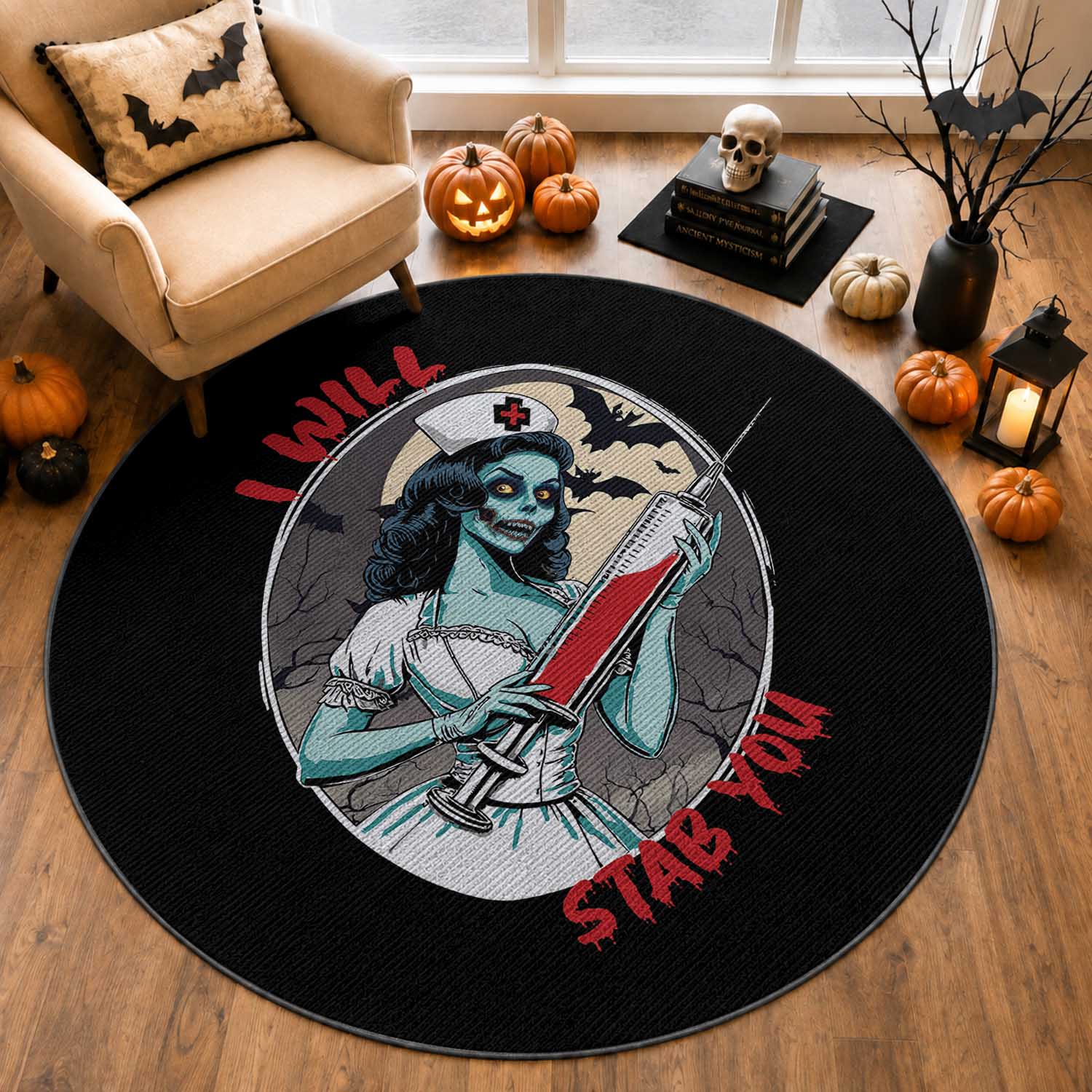 Funny Halloween Nurse Round Rug I Will Stab You Scary Zombie Needle Nurse
