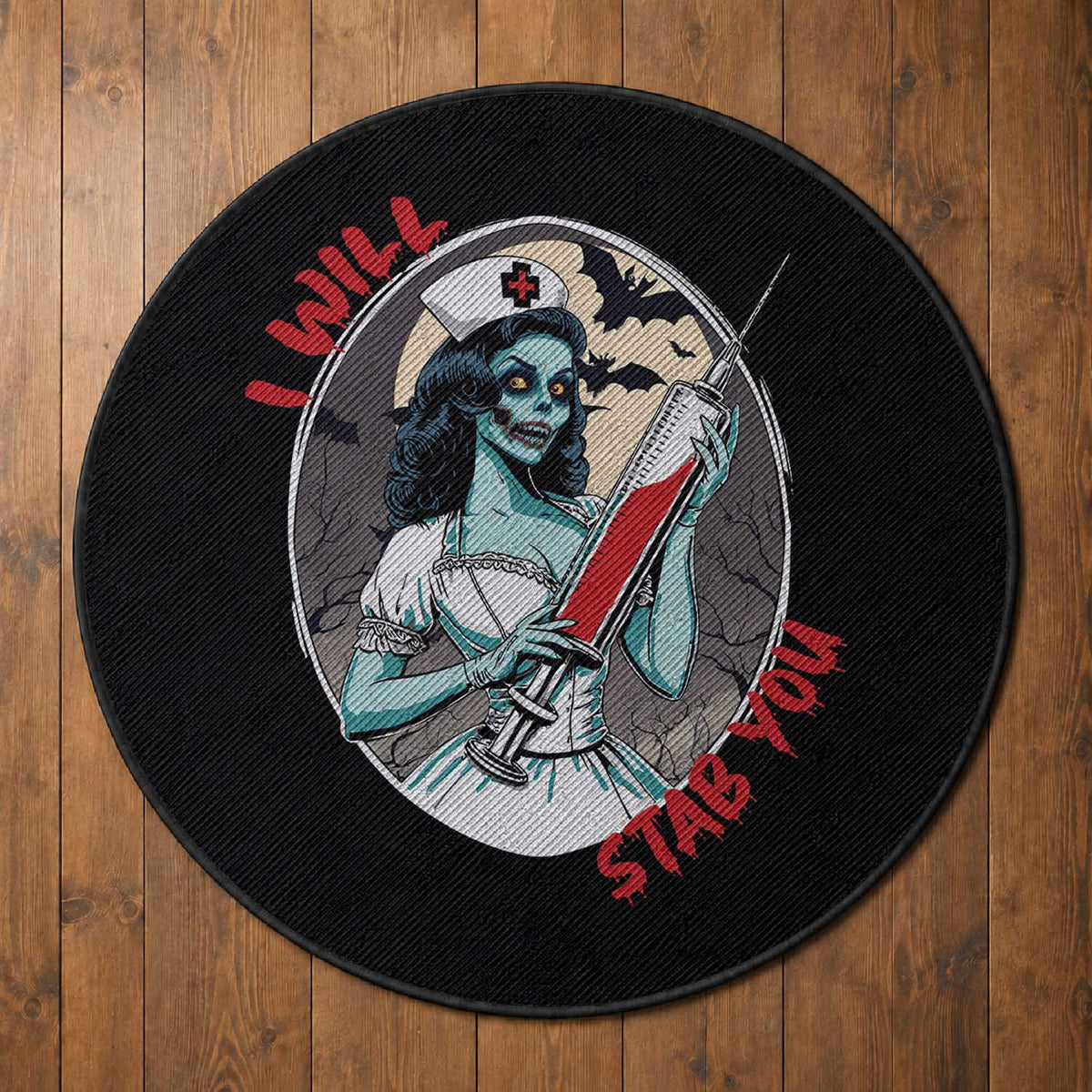 Funny Halloween Nurse Round Rug I Will Stab You Scary Zombie Needle Nurse
