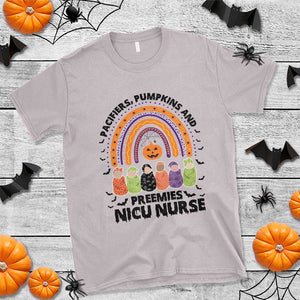 NICU Nurse Halloween T Shirt Pacifiers Pumpkins And Preemies Baby Rainbow Bat TS11 Ice Gray Print Your Wear