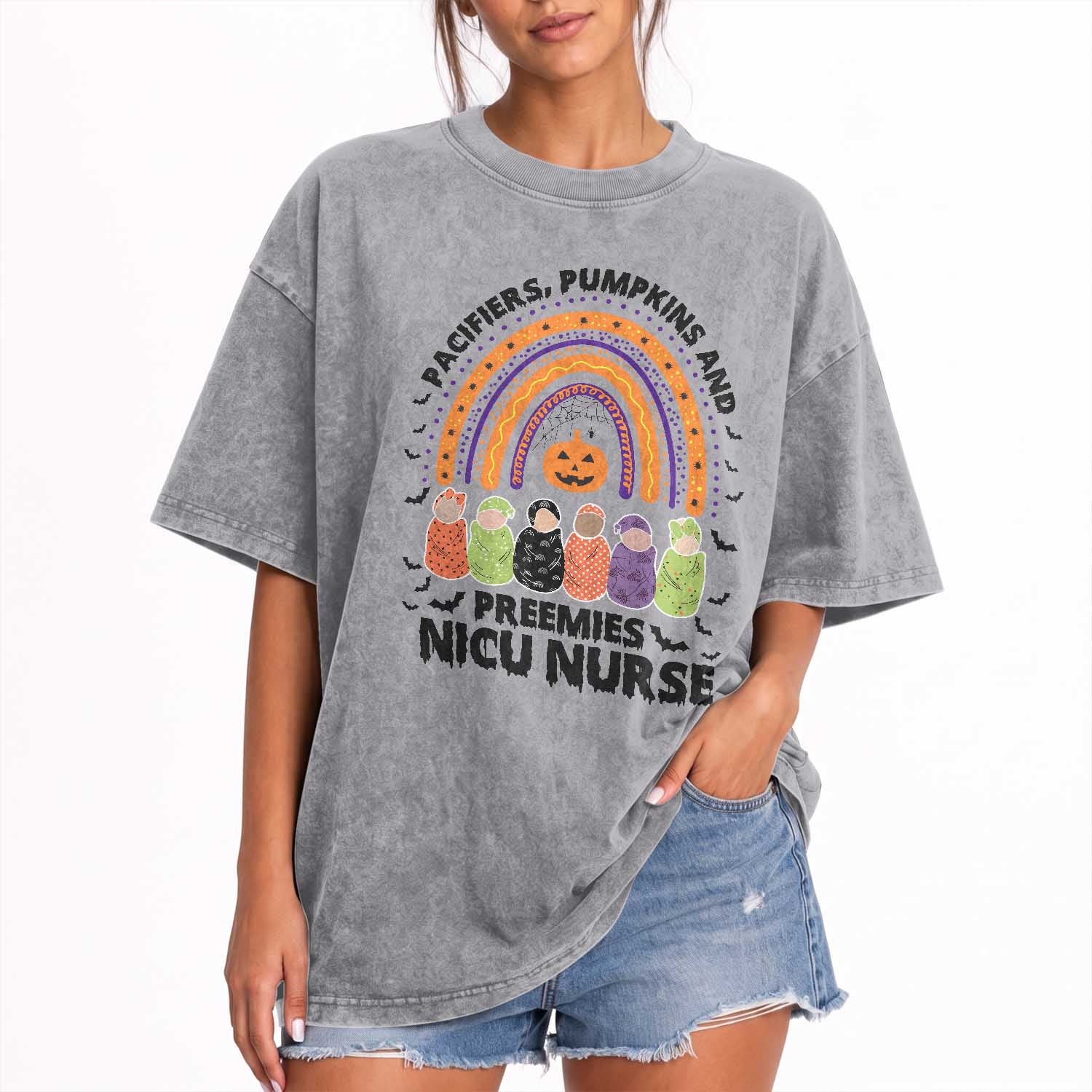 NICU Nurse Halloween Washed Cotton T-Shirt Pacifiers Pumpkins And Preemies Baby Rainbow Bat