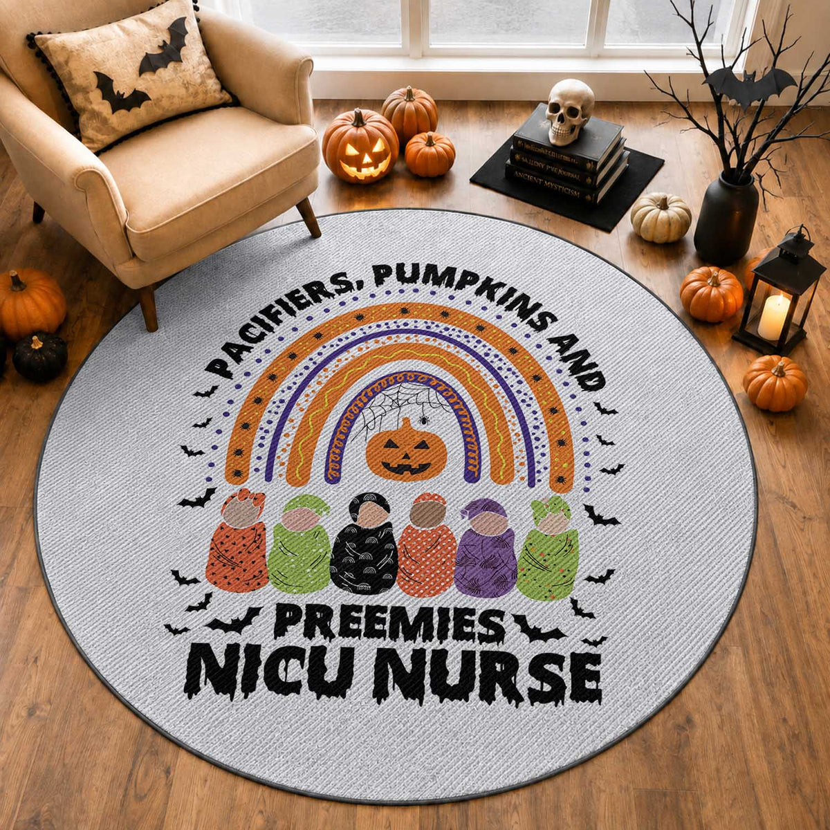 NICU Nurse Halloween Round Rug Pacifiers Pumpkins And Preemies Baby Rainbow Bat