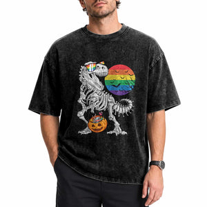 Halloween LGBT Washed Cotton T-Shirt Scary Dinosaur Skeleton T rex Rainbow Moon