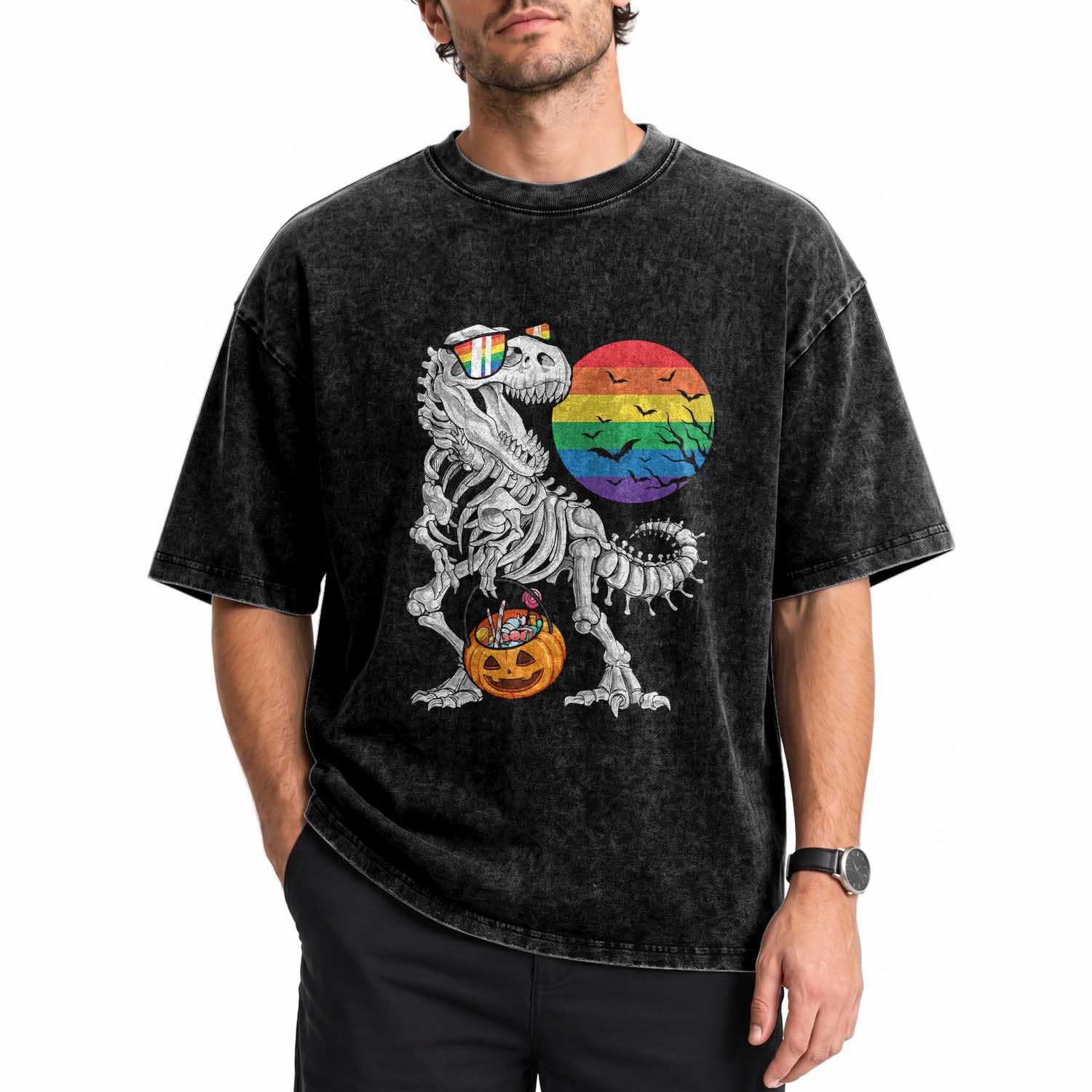 Halloween LGBT Washed Cotton T-Shirt Scary Dinosaur Skeleton T rex Rainbow Moon