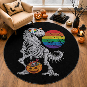 Halloween LGBT Round Rug Scary Dinosaur Skeleton T rex Rainbow Moon