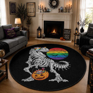 Halloween LGBT Round Rug Scary Dinosaur Skeleton T rex Rainbow Moon