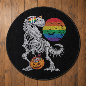 Halloween LGBT Round Rug Scary Dinosaur Skeleton T rex Rainbow Moon