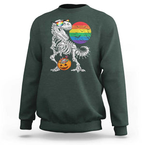 Halloween LGBT Sweatshirt Scary Dinosaur Skeleton T rex Rainbow Moon TS11 Dark Forest Green Print Your Wear