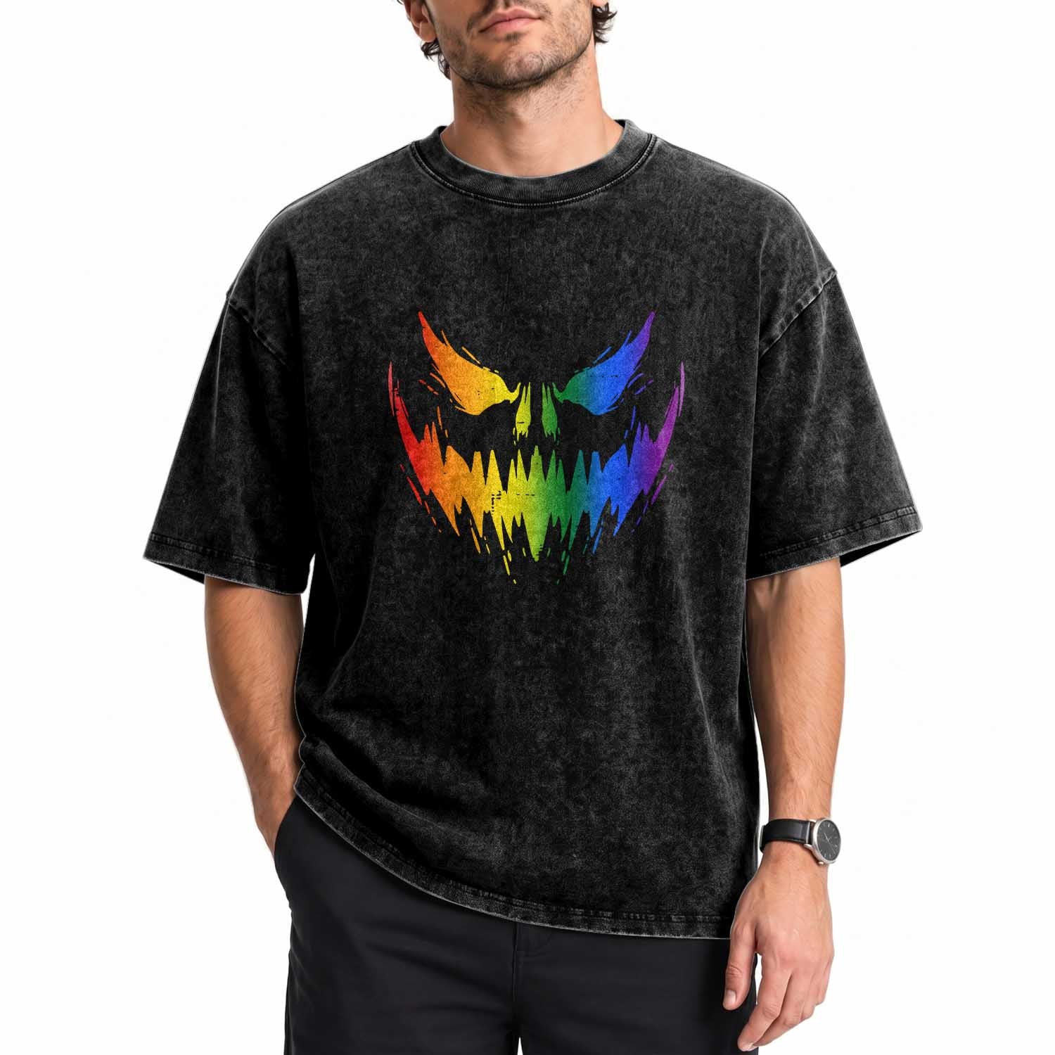 Funny Halloween LGBT Washed Cotton T-Shirt Jack O Lantern Scary Carved Pumpkin Face Rainbow Flag