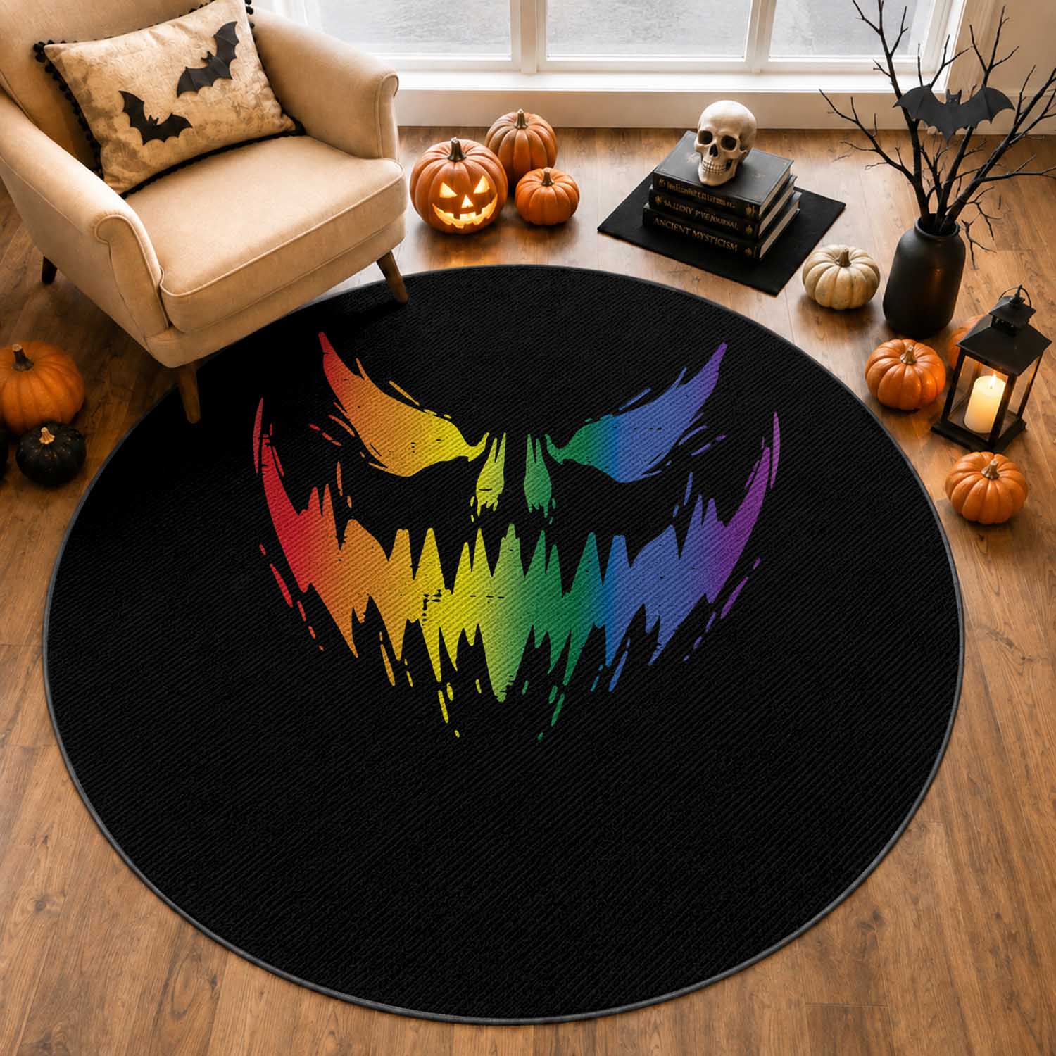 Funny Halloween LGBT Round Rug Jack O Lantern Scary Carved Pumpkin Face Rainbow Flag