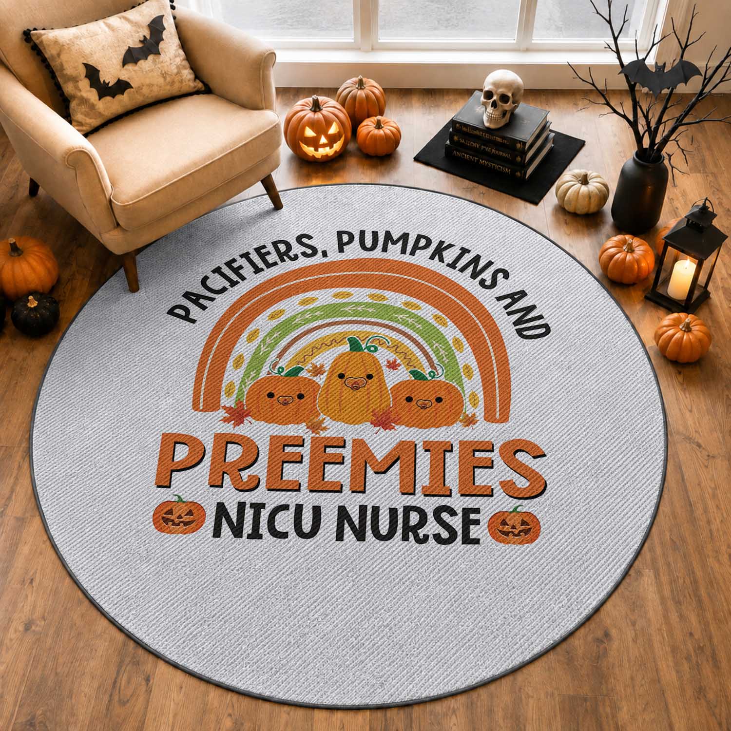 Halloween Nurse Round Rug Pacifiers Pumpkins And Preemies Baby Pumpkin Rainbow Fall Season