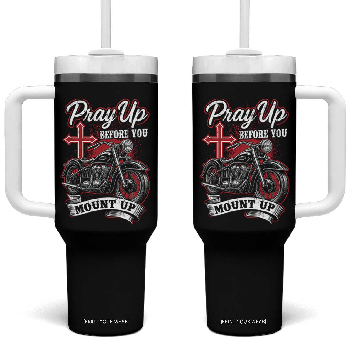 Pray Up Before You Mount Up Tumbler With Handle Christian Biker Religious Faith TS11 One Size: 40 oz Black Print Your Wear