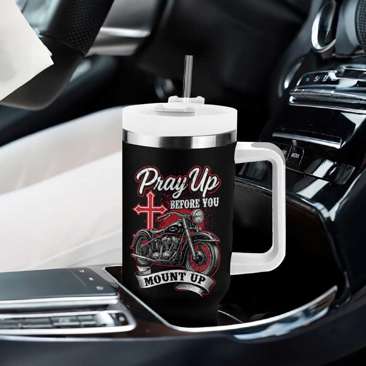Pray Up Before You Mount Up Tumbler With Handle Christian Biker Religious Faith TS11 Print Your Wear