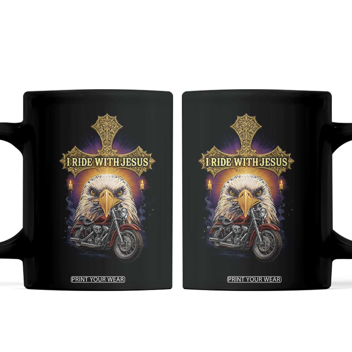 Christian Biker I Ride With Jesus Coffee Mug Religious Faith Motorcycle Rider Eagle TS11 Black Print Your Wear