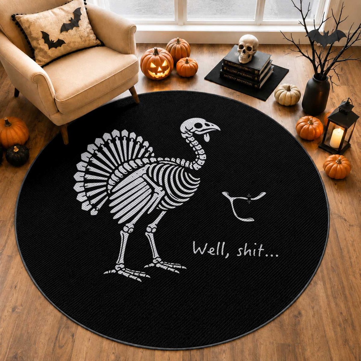 Well Shit Funny Thanksgiving Turkey Skeleton Wishbone Round Rug