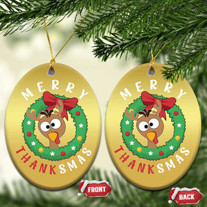 Funny Thanksgiving Xmas Christmas Ornament Merry Thanksmas Turkey Reindeer Antler TS11 Oval Gold Print Your Wear